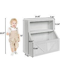 Kids Bookshelf with Toy Storage, Wooden Toddler Bookcase with Cubby Shelves, Vintage White
