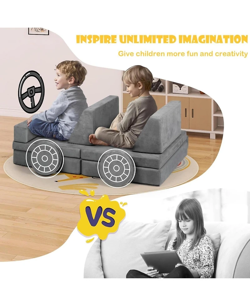 Kinder King 9-Piece Kids Modular Play Sofa, Convertible Foam Couch for Playroom, Grey
