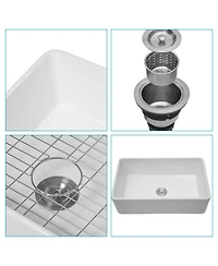 flynama 33x20x9 Inch Farmhouse Kitchen Sink Premium Porcelain Ceramic Apron Front Single Bowl With Stainless Steel Drain Assembly And Dish Grid
