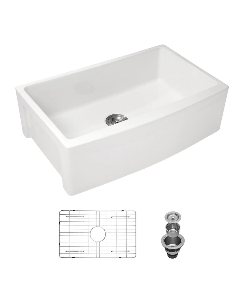 flynama 30x21x10 Inch White Farmhouse Kitchen Sink Ceramic Porcelain Arch Edge Apron Front Single Bowl With Drain Assembly Dish Grid