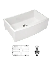 flynama 30x21x10 Inch White Farmhouse Kitchen Sink Ceramic Porcelain Arch Edge Apron Front Single Bowl With Drain Assembly Dish Grid