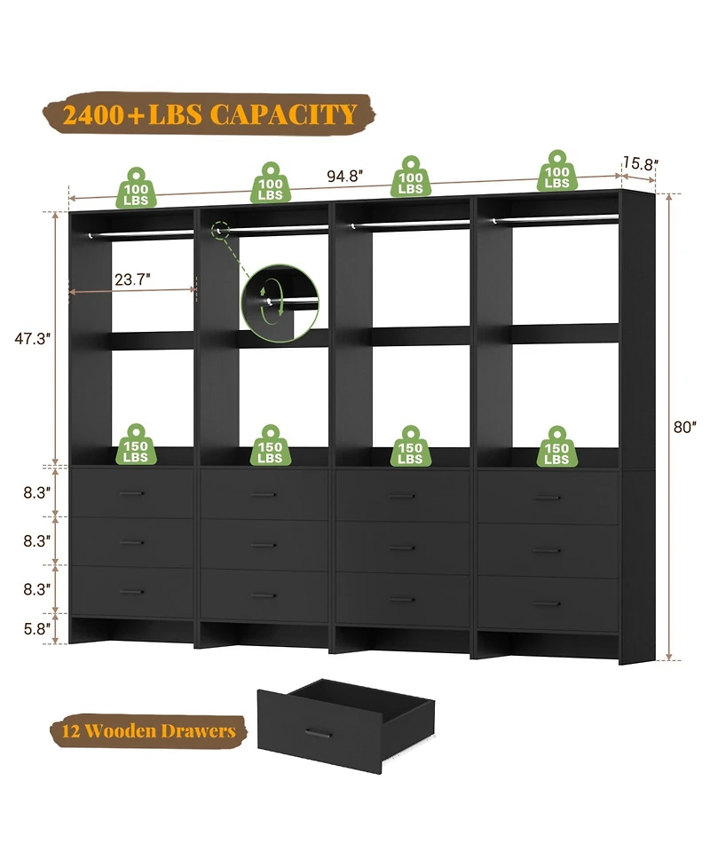 Aheaplus 24" Freestanding Closet Organizer System with Hanging Rods and Drawers