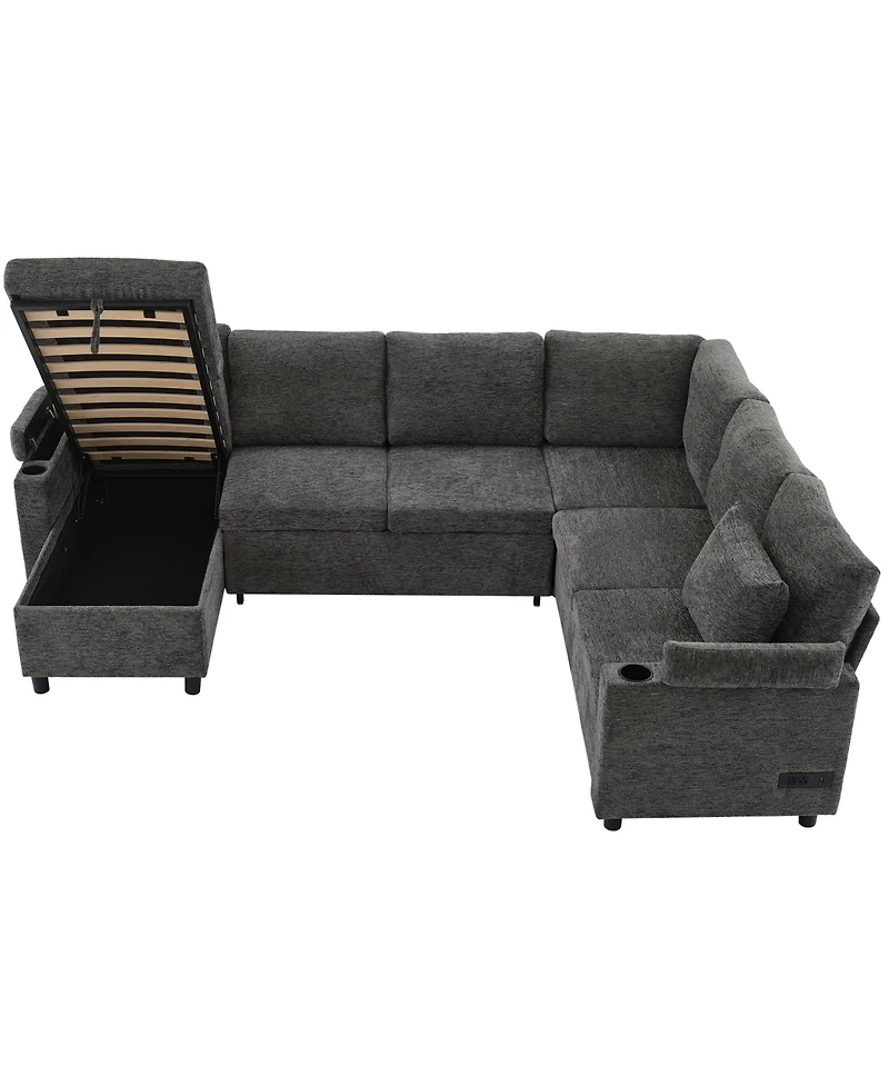 Streamdale Furniture 109.9" U-Shaped Sectional Sofa Bed with Storage, Cup Holders & Charging