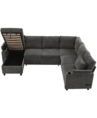 Streamdale Furniture 109.9" U-Shaped Sectional Sofa Bed with Storage, Cup Holders & Charging