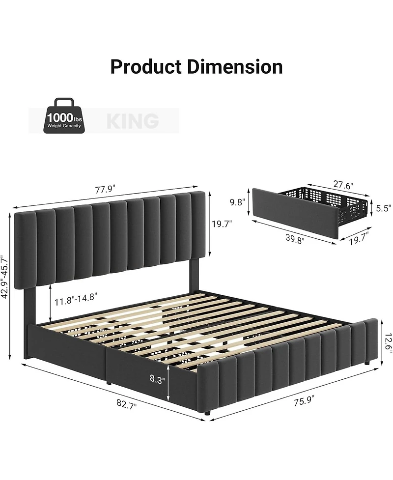 Gaomon Easy Assembly King Size Upholstered Bed Frame Space Saving, for Living Room