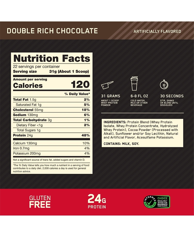 Optimum Nutrition Gold Standard 100% Whey Protein Double Rich Chocolate Protein Powder Drink Mix 24.05 oz