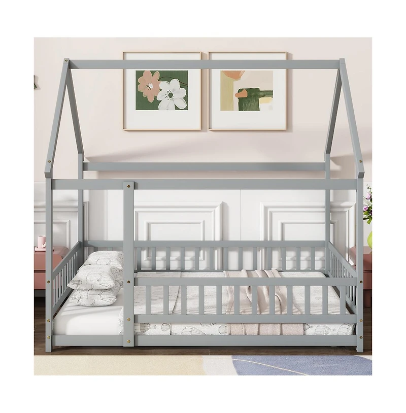 Cesicia Full House Floor Bed with Roof Frame & Safety Guardrails Wooden Play for Kids and Teens