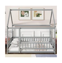 Cesicia Full House Floor Bed with Roof Frame & Safety Guardrails Wooden Play for Kids and Teens