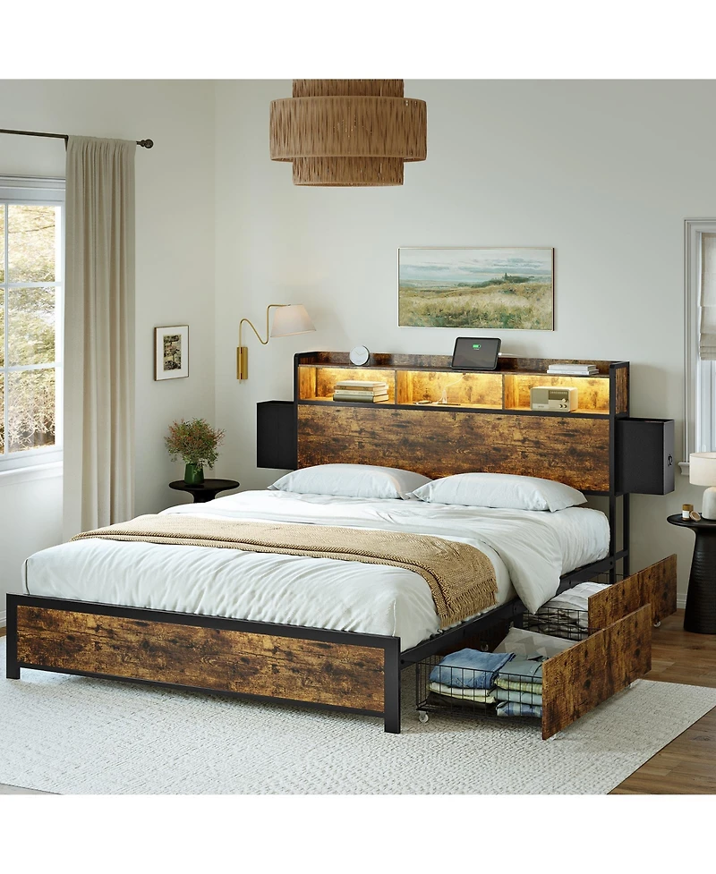 Hausource Queen/Full Size Bed Frame with Storage Headboard & 2 Drawers Platform Bed No Box Spring Needed, Queen