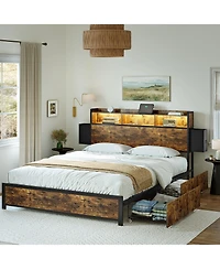 Hausource Queen/Full Size Bed Frame with Storage Headboard & 2 Drawers Platform Bed No Box Spring Needed, Queen