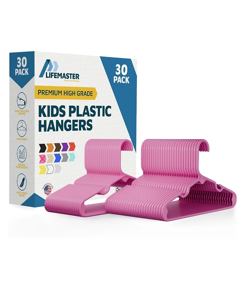 Lifemaster Kids Plastic Hangers, Pink, 11.6", with shoulder notches, space-saving, hold 5 lbs, ideal for baby, toddler & kids clothes, 30-pack.