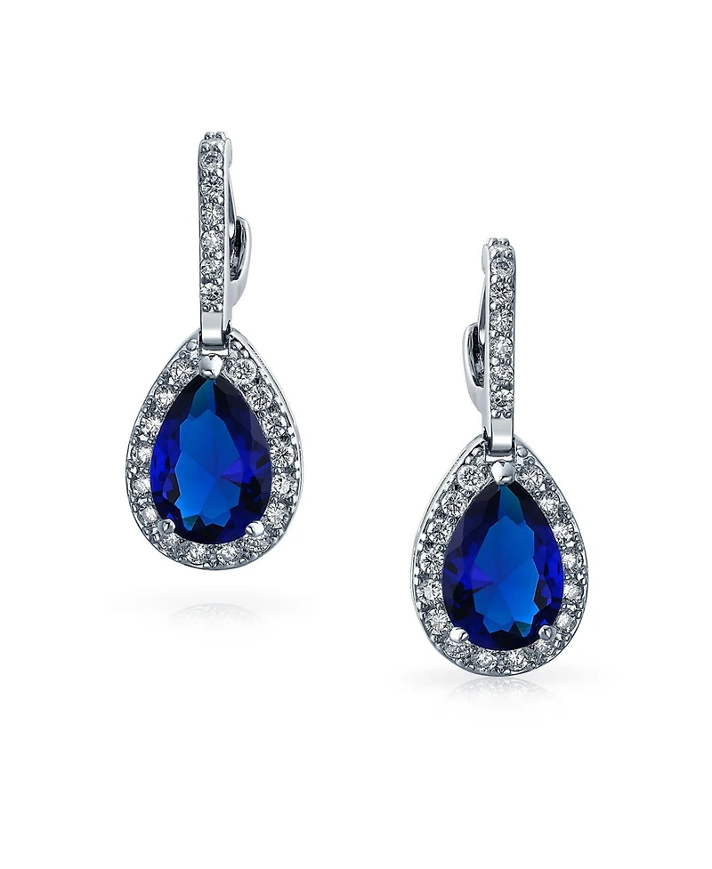 Bling Jewelry 7CT Classic Blue Sapphire Cz Cubic Zirconia Teardrop Dangle Drop Earrings Silver Plated Cocktail Jewelry Hinge Closure