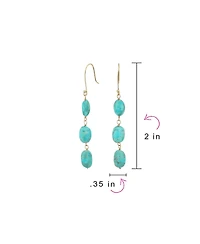 Bling Jewelry Long Linear Yellow 14K Gold Three Oval Natural Garnet Turquoise Tanzanite Dangling Earrings Fish Hook