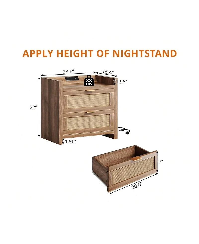 gaomon Nightstands Set Of 2 With Rattan Drawer Modern Night Stand For Bedrooms Wooden 2 Drawer Bedside Table Side Table