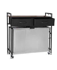 Ecooso 3-Section Laundry Sorter, Rolling Hamper with Wood Top, 2 Drawers, Hooks & Wheels, Pull-Out Bags, Bathroom Organizer