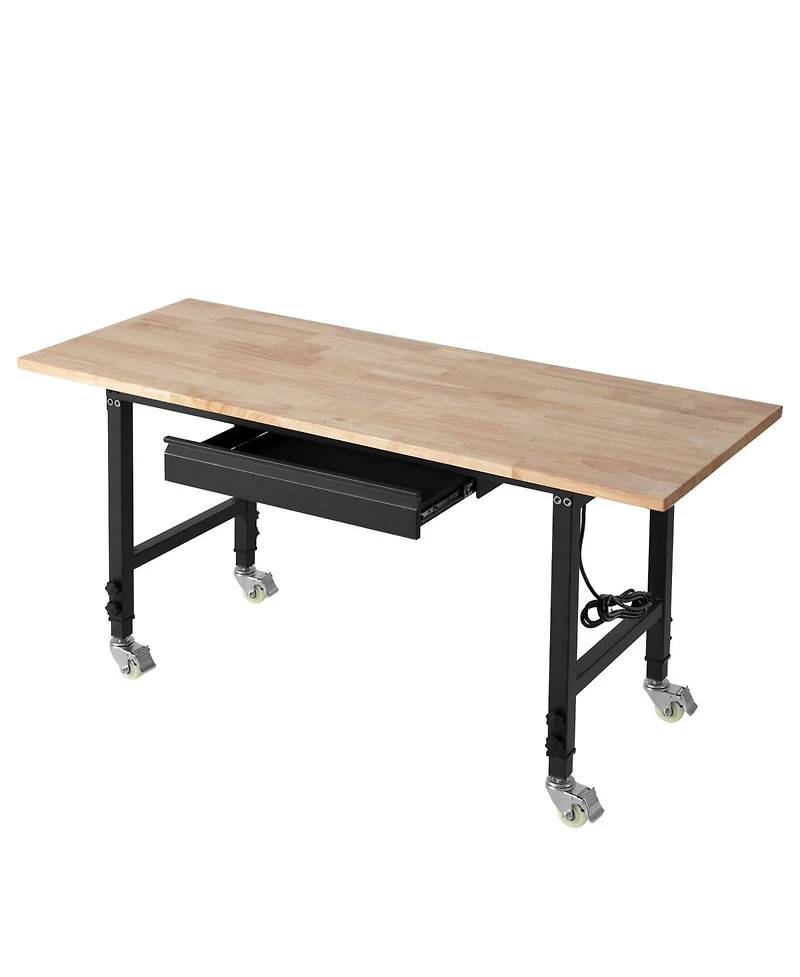 Mecale Adjustable Workbench, 60"x24" Oak Top, 2000 lb Capacity, Drawer & Power Outlets.