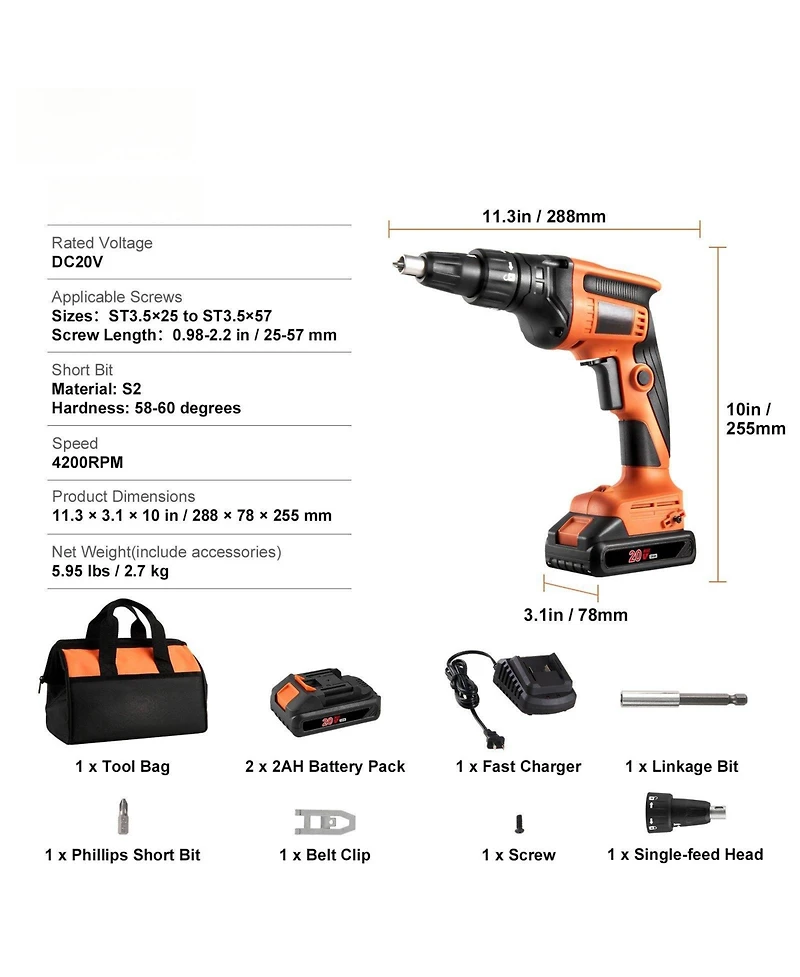 Mecale 20V Max Brushless Drywall Screw Gun, 4200RPM Cordless Drywall Screwgun Kit with 2 Batteries, Charger, Belt Clip & Tool Bag