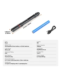 Mecale Rechargeable Led Pen Light, 5.9", 300 Lumens, 3 Light Modes, Adjustable Focus, IP44 Waterproof