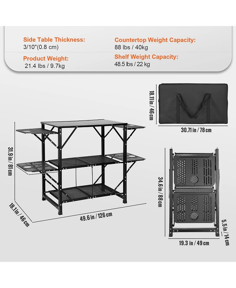 Mecale Camping Kitchen Table Cook Station, One-Piece Folding Portable Aluminum Table with Carrying Bag, 4 Side Tables and 2 Shelves