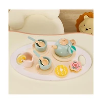 Bruce & Shark 15-Piece Wooden Tea Set for Kids, Pretend Play Toy with Teapot, Cups & Treats