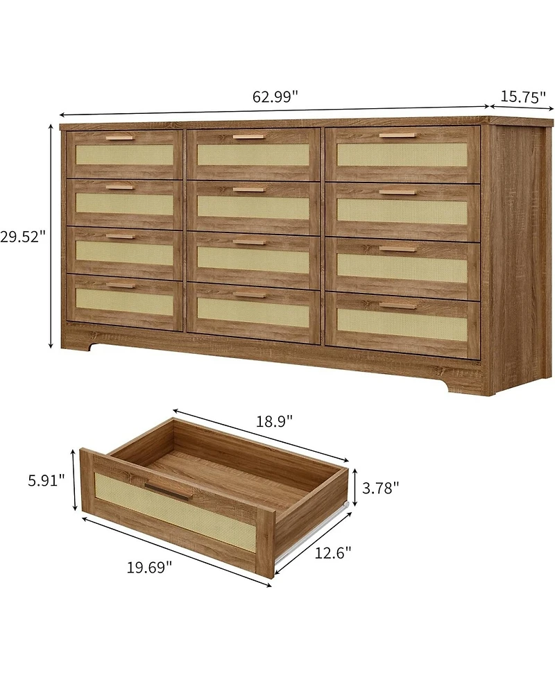 gaomon 12 Drawer Dresser for Bedroom, Modern Farmhouse Rattan Chest of Drawers, Wood Closet, Living Room, Entryway, and Hallway