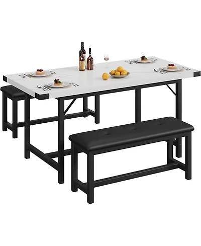 gaomon 3-Piece Extendable Dining Table Set for 4-6, Marble White Table with 2 Upholstered Benches, Space-Saving Kitchen & Dining Room Set