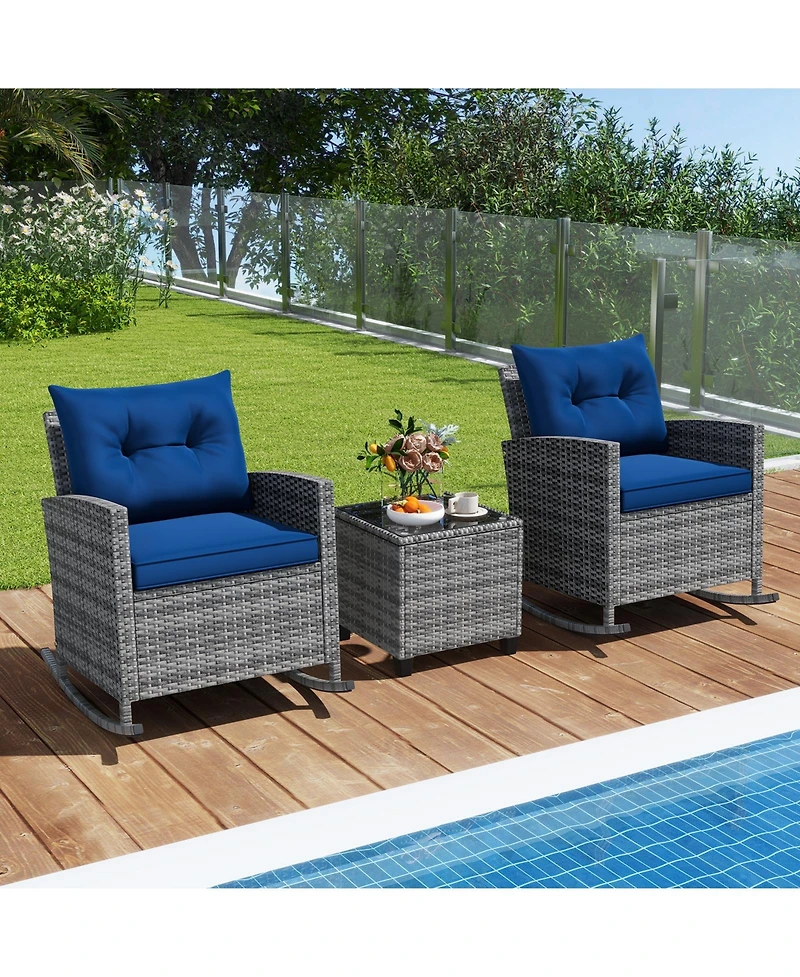 Slickblue Patio Rattan Roker Chairs with Tempered Glass Table and Soft Cushions for Backyard Poolside Porch-Beige