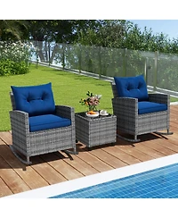 Slickblue Patio Rattan Roker Chairs with Tempered Glass Table and Soft Cushions for Backyard Poolside Porch-Beige