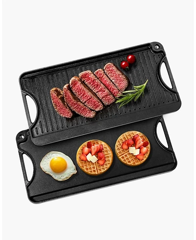 Ecooso 20 x 10 in Reversible Cast Iron Grill/Griddle, Pre-Seasoned Rectangular Griddle Pan with Handle, for Stove Top and Camping Bbq, Black