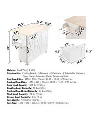 Volenca Kitchen Island Cart with Solid Wood Top, 45.3" Wide, Storage Cabinet, Drop Leaf, Drawer, Spice Rack, Towel Rack, Rolling, White