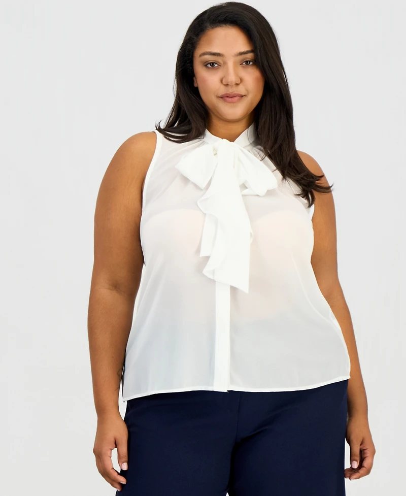 Tahari Asl Plus Sleeveless Ruffled Bow Blouse