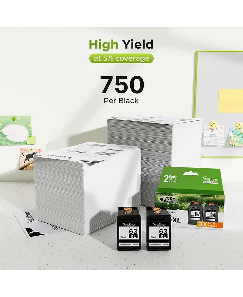 Valuetoner Remanufactured Ink Cartridge Replacement for Hp 63 Xl 63XL High Yield for Envy 4520 4512 Officejet 3830 4650 4655 Deskjet 1112 (2 Black)
