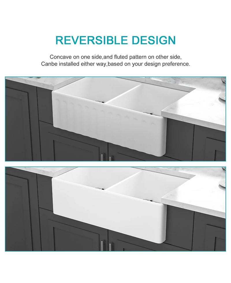 Flynama huluwat 33x20x10inch White Farmhouse Sink Ceramic Porcelain Double Bowl Reversible Design