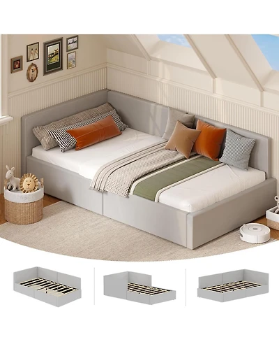 gaomon Daybed with Guardrails, Velvet Upholstered Corner Bed Frame, Adjustable Headboard, No Box Spring Needed