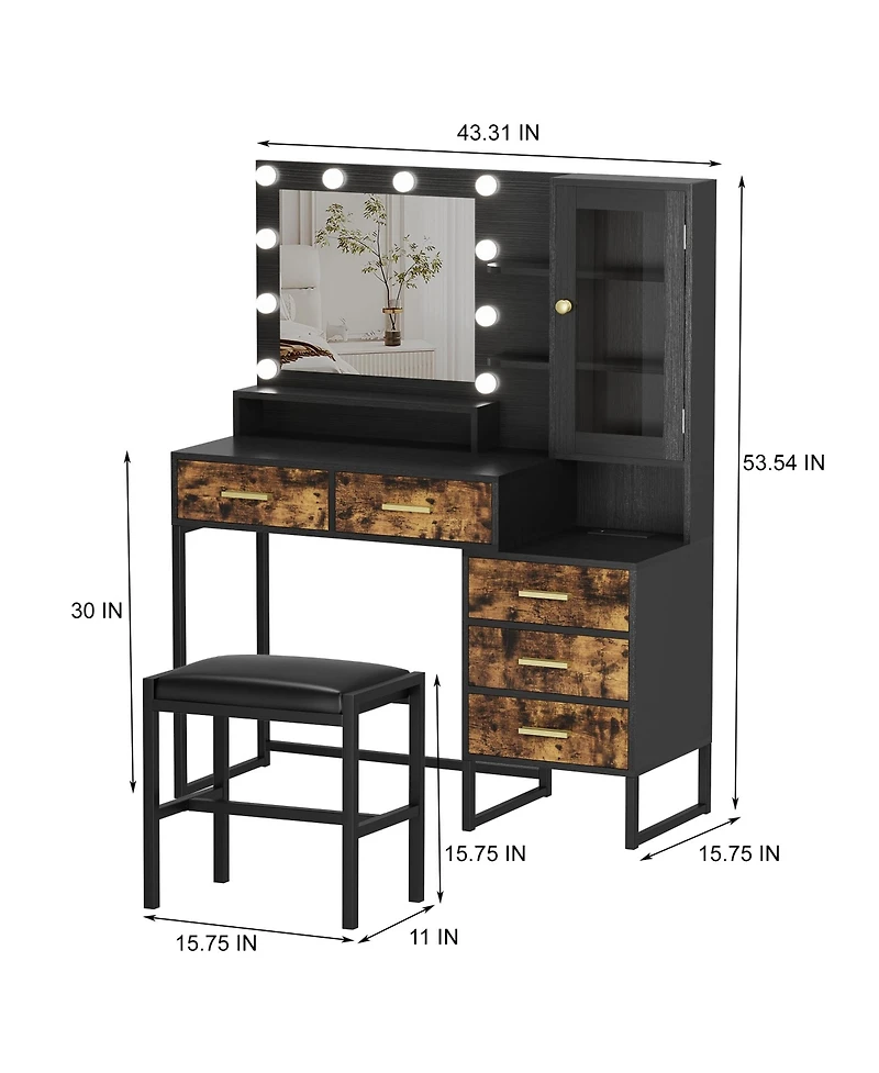 gaomon Makeup Vanity with Upholstered Stool & Charging Station, Desk Mirror and Lights