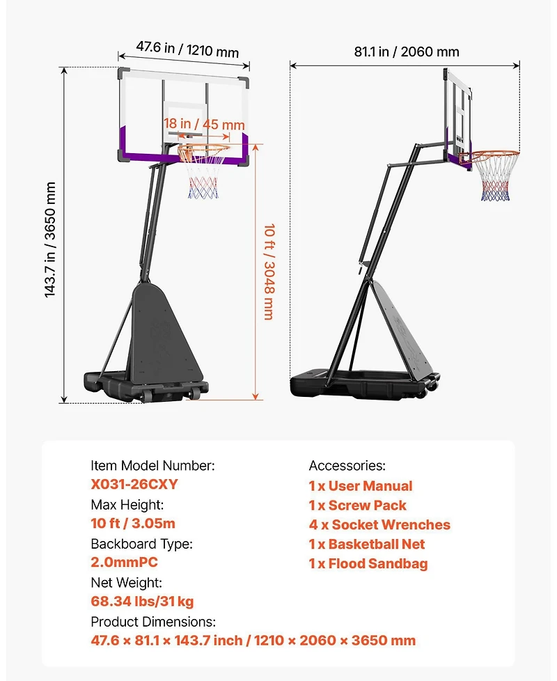 Mecale Portable Basketball Hoop, 10 ft Height Adjustable Stand with 48" Pc Backboard, Outdoor/Indoor Goal System