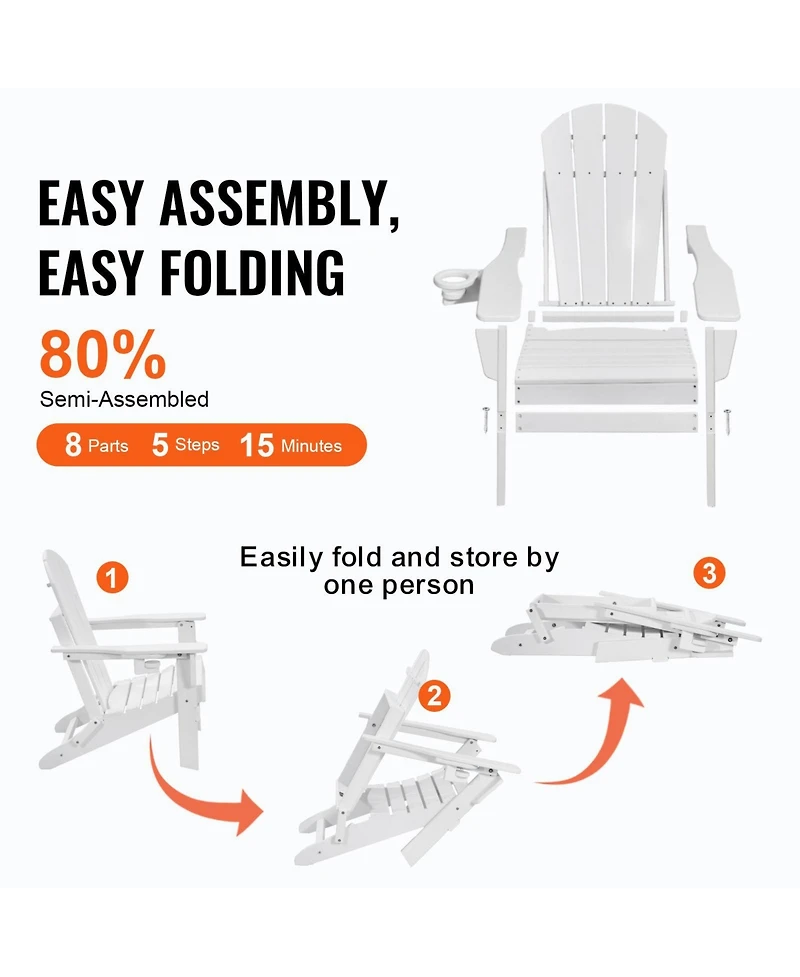 Mecale Set of 2 Plastic Adirondack Chairs, All-Weather Folding Patio Chairs with Cup Holder, Ergonomic Armrests