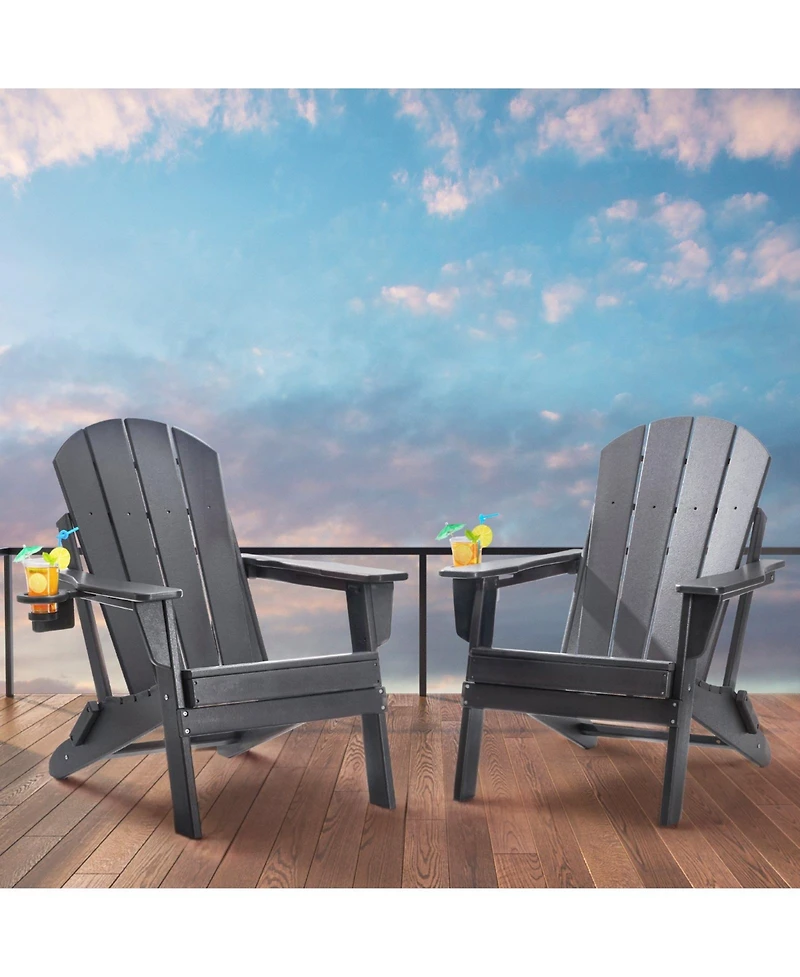 Mecale Set of 2 Plastic Adirondack Chairs, All-Weather Folding Patio Chairs with Cup Holder, Ergonomic Armrests
