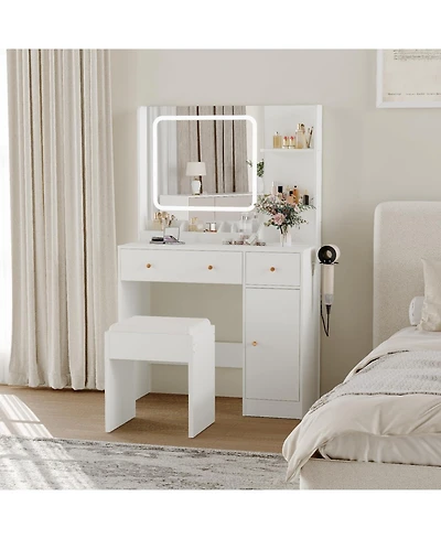 gaomon Makeup Vanity Desk with Led Mirror & Power Outlet,Vanity Set Storage Drawers,Shelves Stool