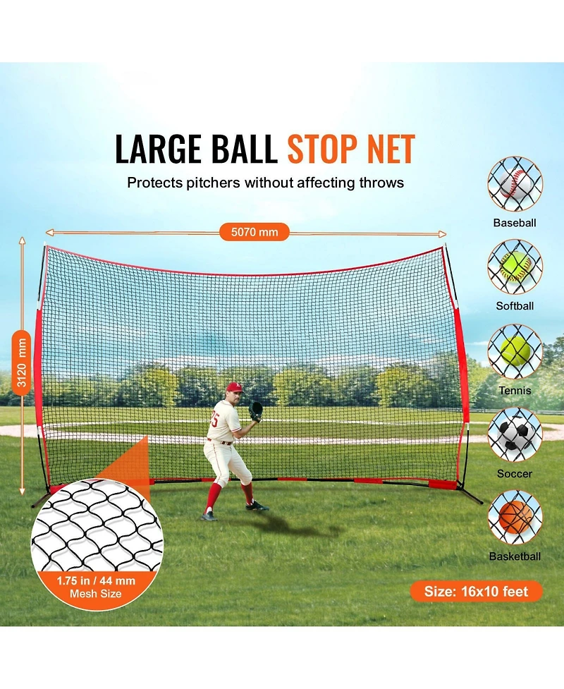 Mecale Barricade Backstop Net, 16 x 10 ft Sports Barrier Netting with Carry Bag, Practice Protection Screen for Backyard Training