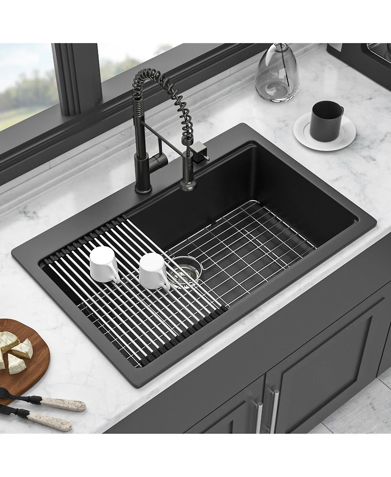 flynama 33x22x9.65 Inch Black Granite Composite Quartz Workstation Drop In Kitchen Sink