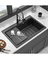 flynama 33x22x9.65 Inch Black Granite Composite Quartz Workstation Drop In Kitchen Sink