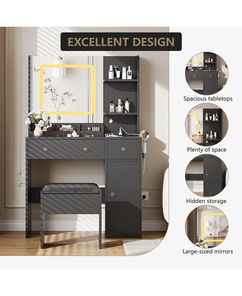 gaomon Vanity Desk and Stool with Mirror and Lights，Makeup Vanity with Charging Station, Drawers