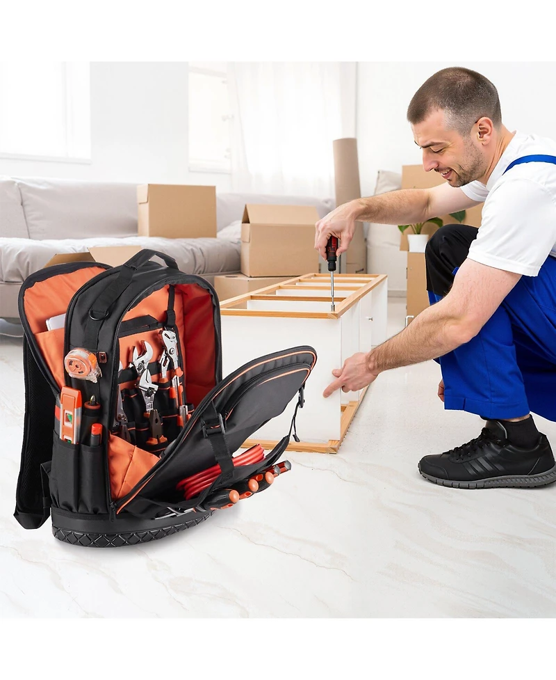 Mecale Tool Backpack, 65 Pockets, Heavy-Duty Tool Storage Organizer with Laptop Compartment & Molded Base, Electrician Jobsite Backpack