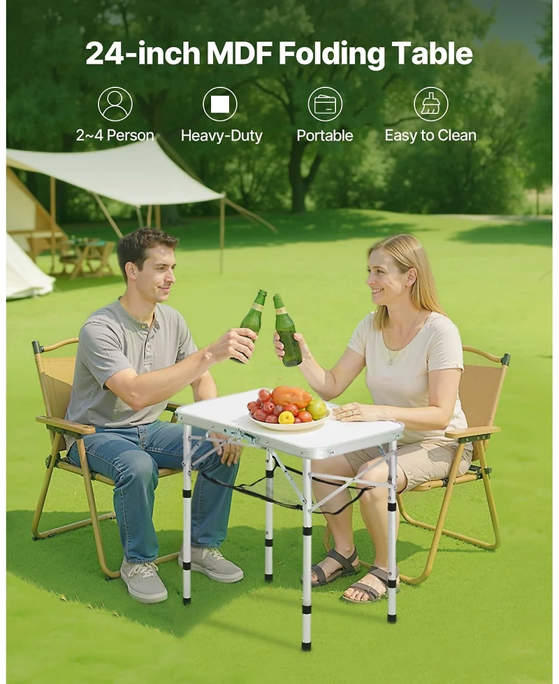 Mecale Folding Camping Table, Adjustable Height Aluminum & Mdf with Mesh Shelf, Carry Handle, 24x16", Silver