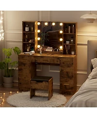 gaomon Farmhouse Vanity Set with Lighted Mirror,56 Inch Modern Makeup Vanity with Charging Station&Storage Shelves