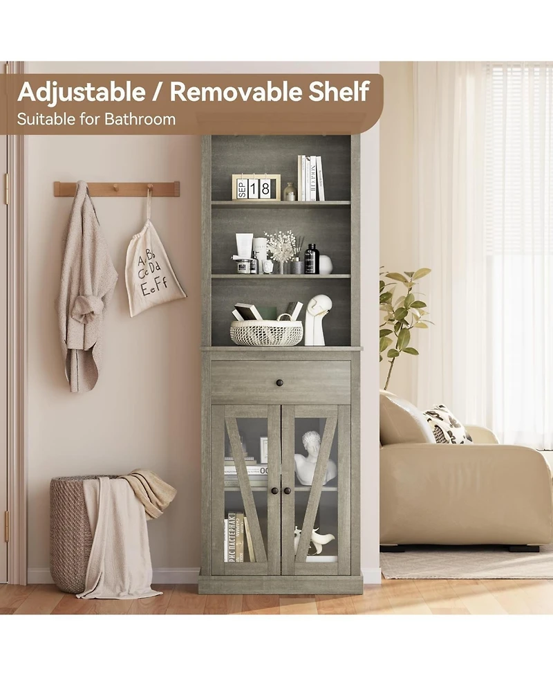 Gaomon Double Door High Storage Cabinet with Single Drawer, 600mm x 300mm x 1690mm, Stylish Mdf and Particle Board Bathroom Organizer