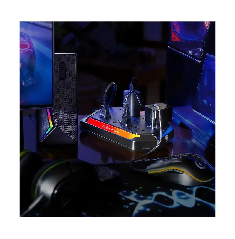 CyberPower 10-Outlet Rgb Surge Strip with Usb-c and Usb Ports for Home Entertainment Power Protection