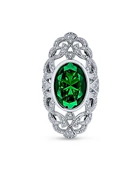 Bling Jewelry Art Deco Emerald Green Oval Cz Filigree Statement Full Finger Ring Silver Plated