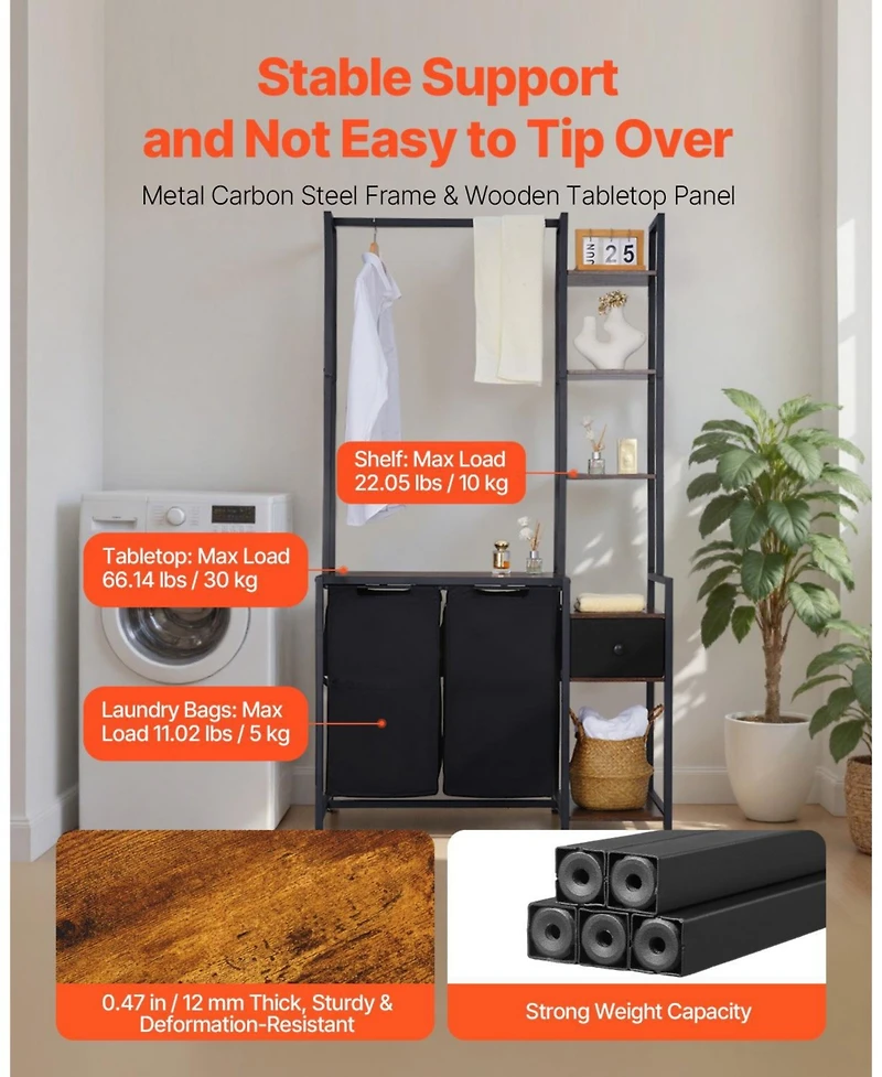 Ecooso 3-Tier Laundry Sorter with Rack, 2-Section Hamper with Shelves & Drawers, Ladder Shelves, 600D Oxford Bags, Metal Frame